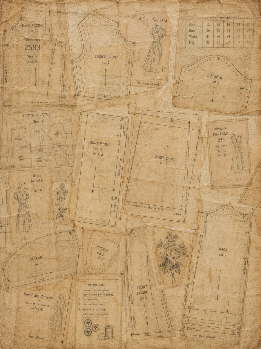 Aged dressmaking pattern pieces, measurements, and vintage fashion illustrations on tissue paper